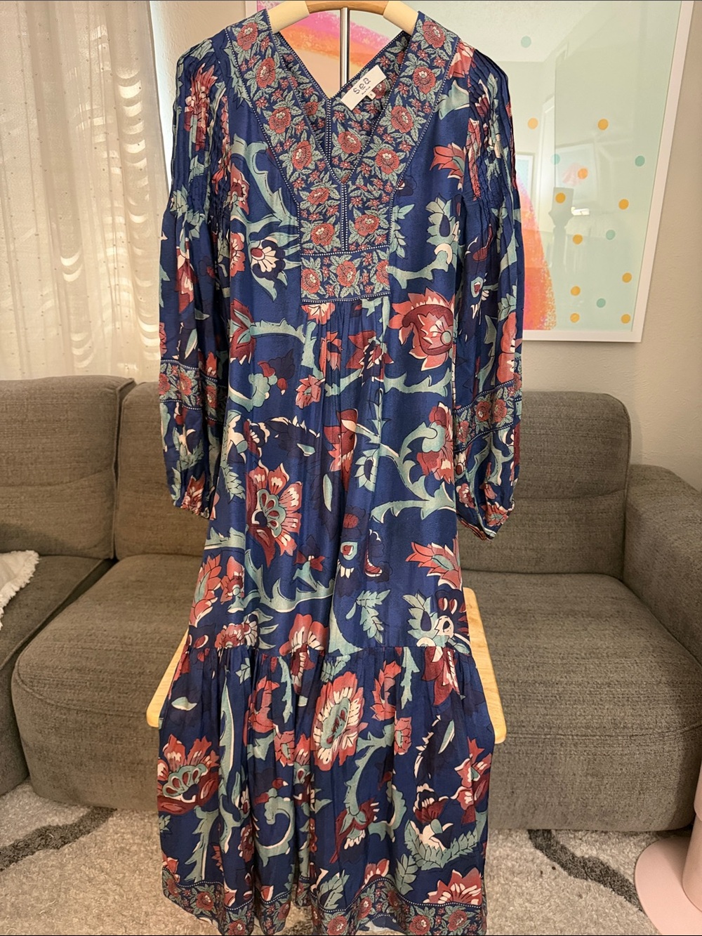 Sea Navy Floral Maxi Dress with Red and Green Accents